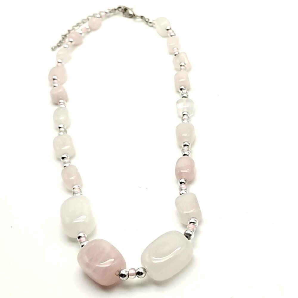 Pink Rose Quartz & White Quartz Nugget Beaded Necklace NWOT